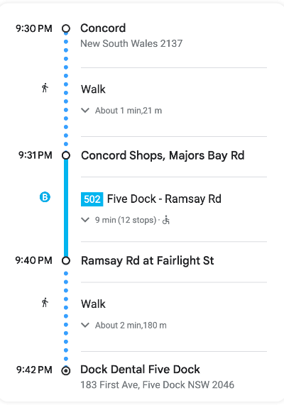 Detail bus route from Abbotsford to Dentist