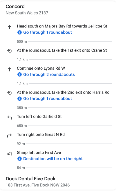 Detail driving direction from Concord to Dentist